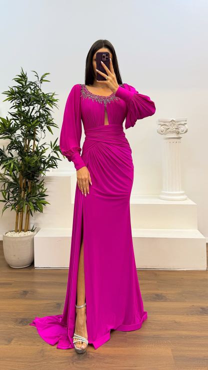 Collar Stone Detail Evening Dress