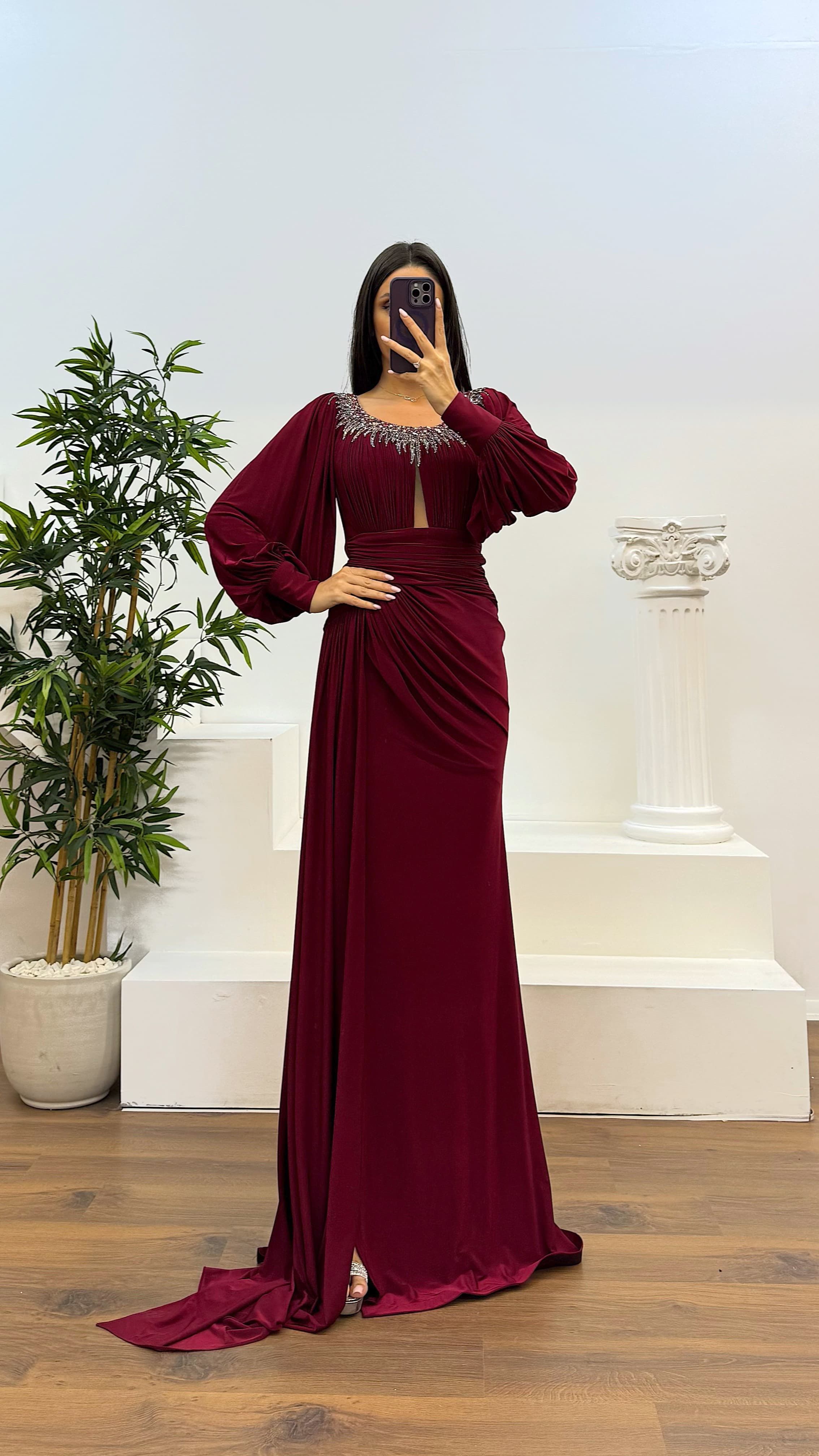 Collar Stone Detail Evening Dress