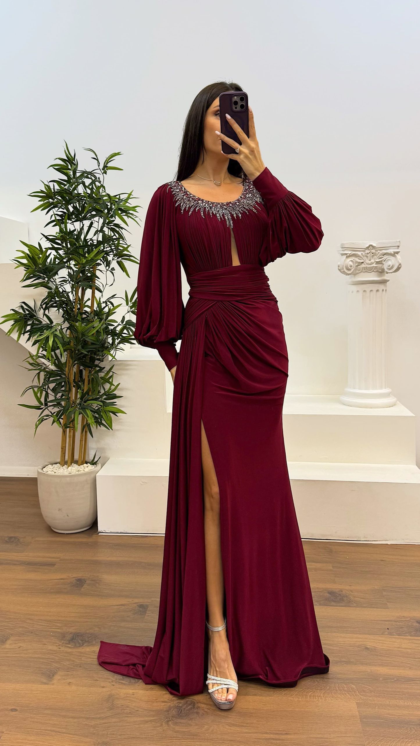 Collar Stone Detail Evening Dress