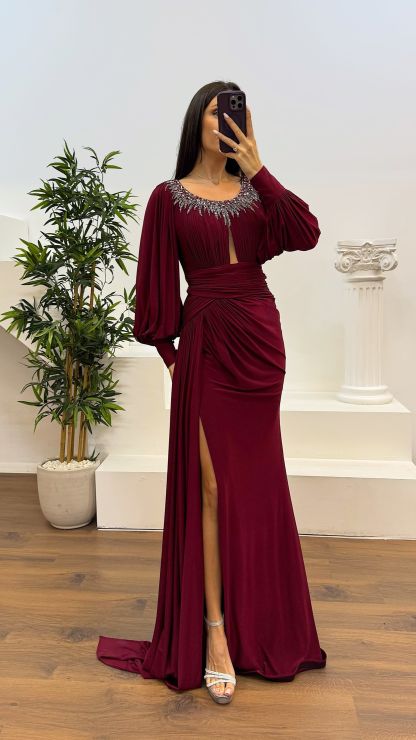 Collar Stone Detail Evening Dress