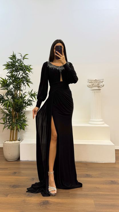 Collar Stone Detail Evening Dress