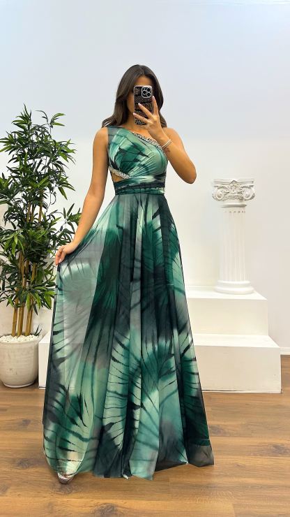 One Shoulder Waist Transparent Embroidery Detail Evening Dress