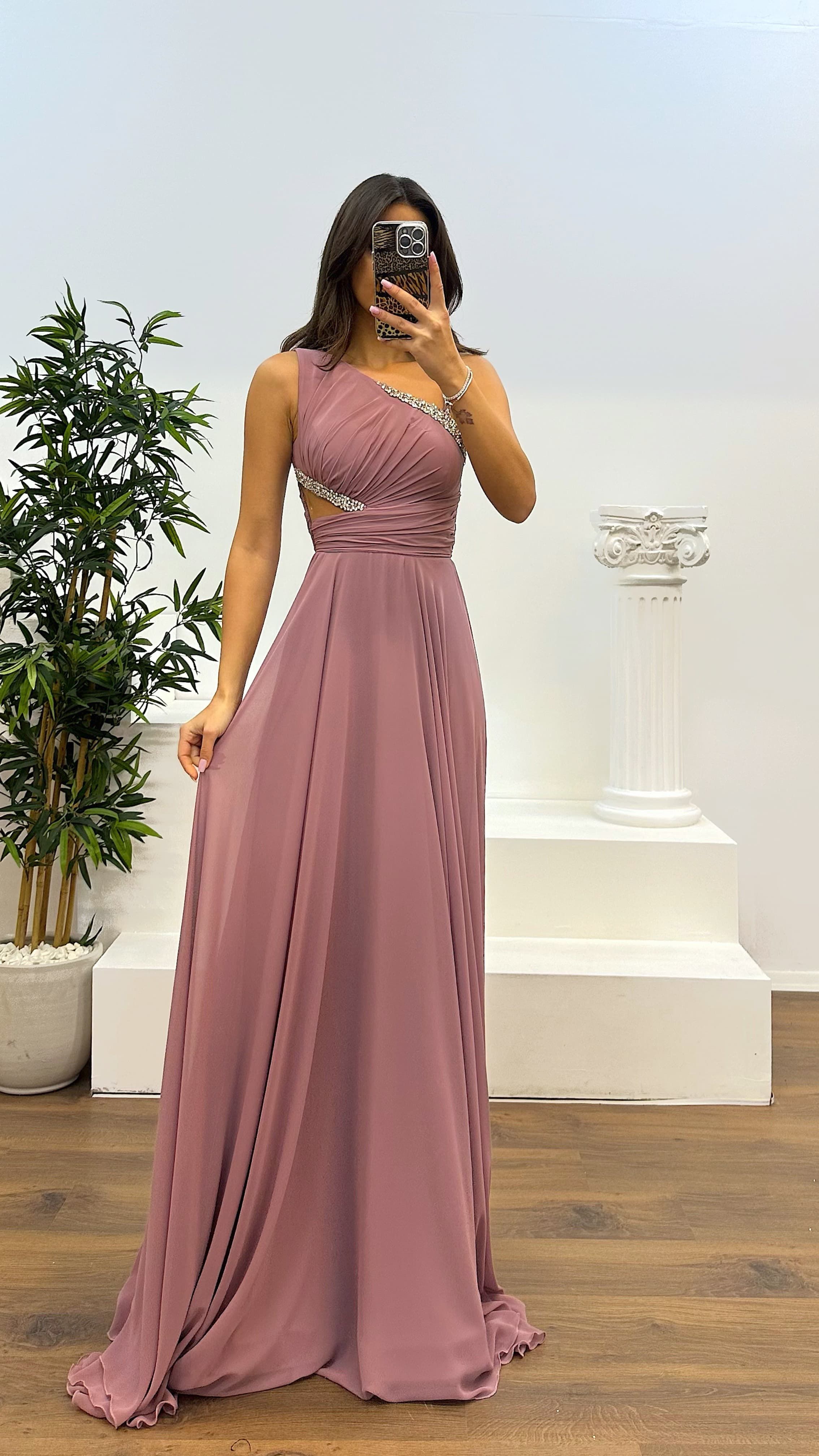 One Shoulder Waist Sheer Evening Dress