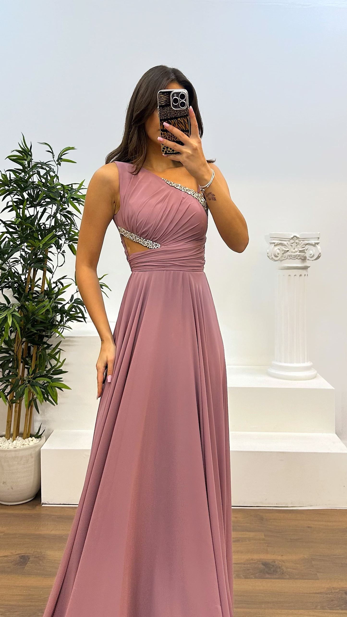 One Shoulder Waist Sheer Evening Dress