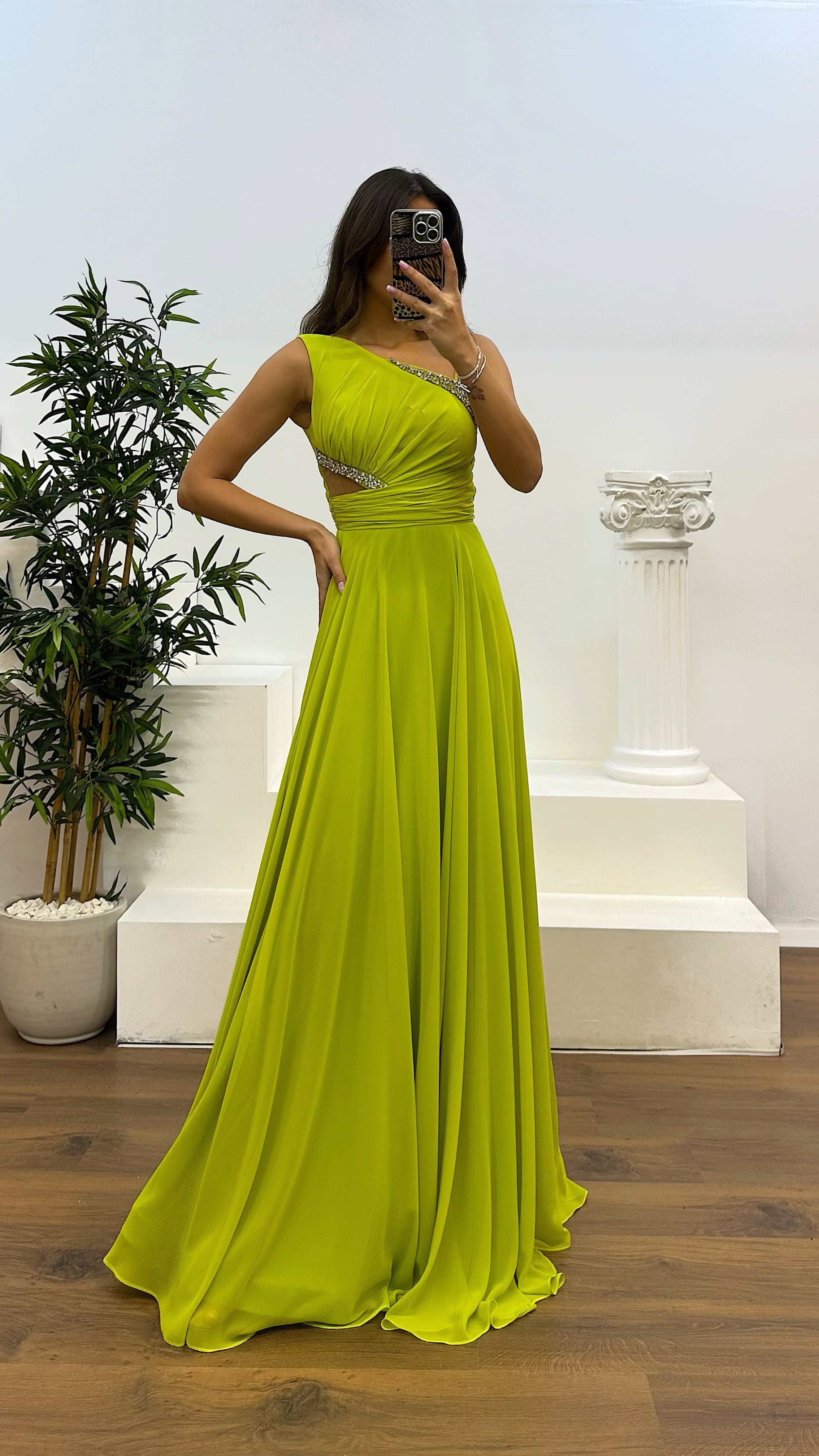 One Shoulder Waist Sheer Evening Dress