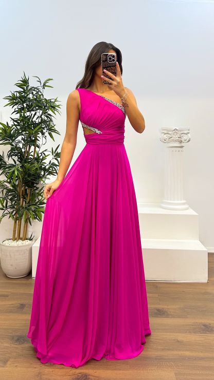 One Shoulder Waist Sheer Evening Dress