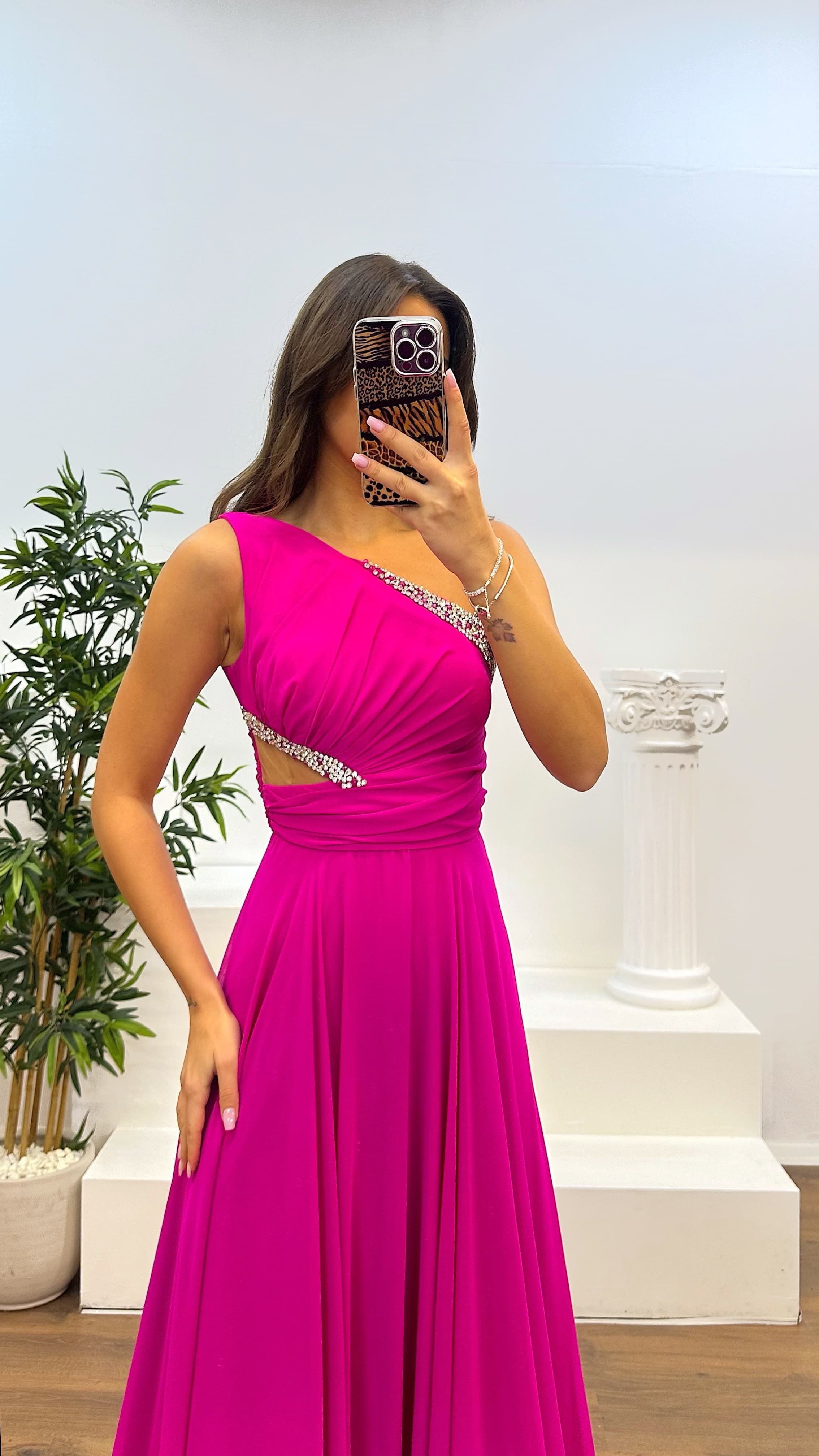 One Shoulder Waist Sheer Evening Dress