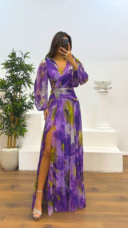 BALLOON SLEEVE WAIST DETAIL PATTERNED CHIFFON DRESS