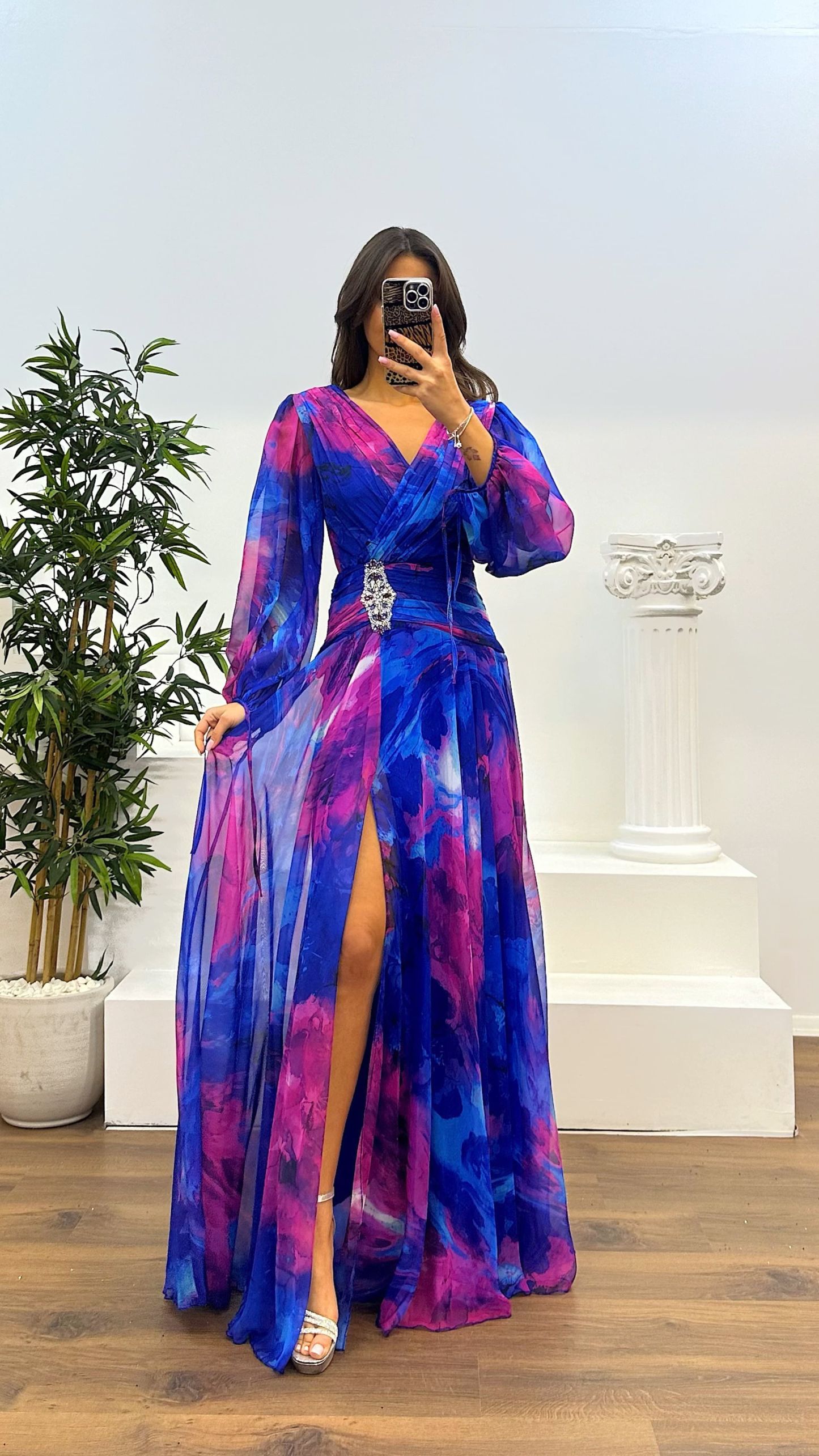 BALLOON SLEEVE WAIST DETAIL PATTERNED CHIFFON DRESS