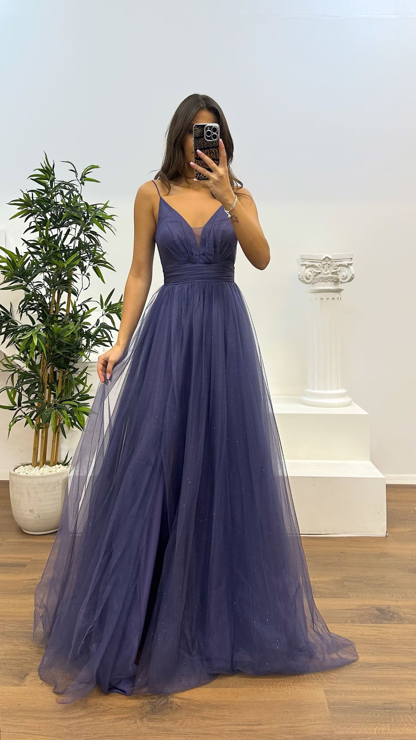 Rope Strap Draped Glittery Tulle Evening Dress