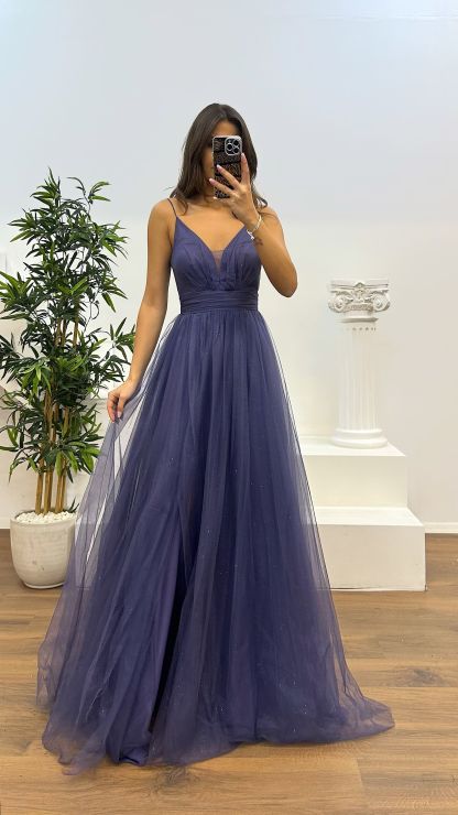 Rope Strap Draped Glittery Tulle Evening Dress
