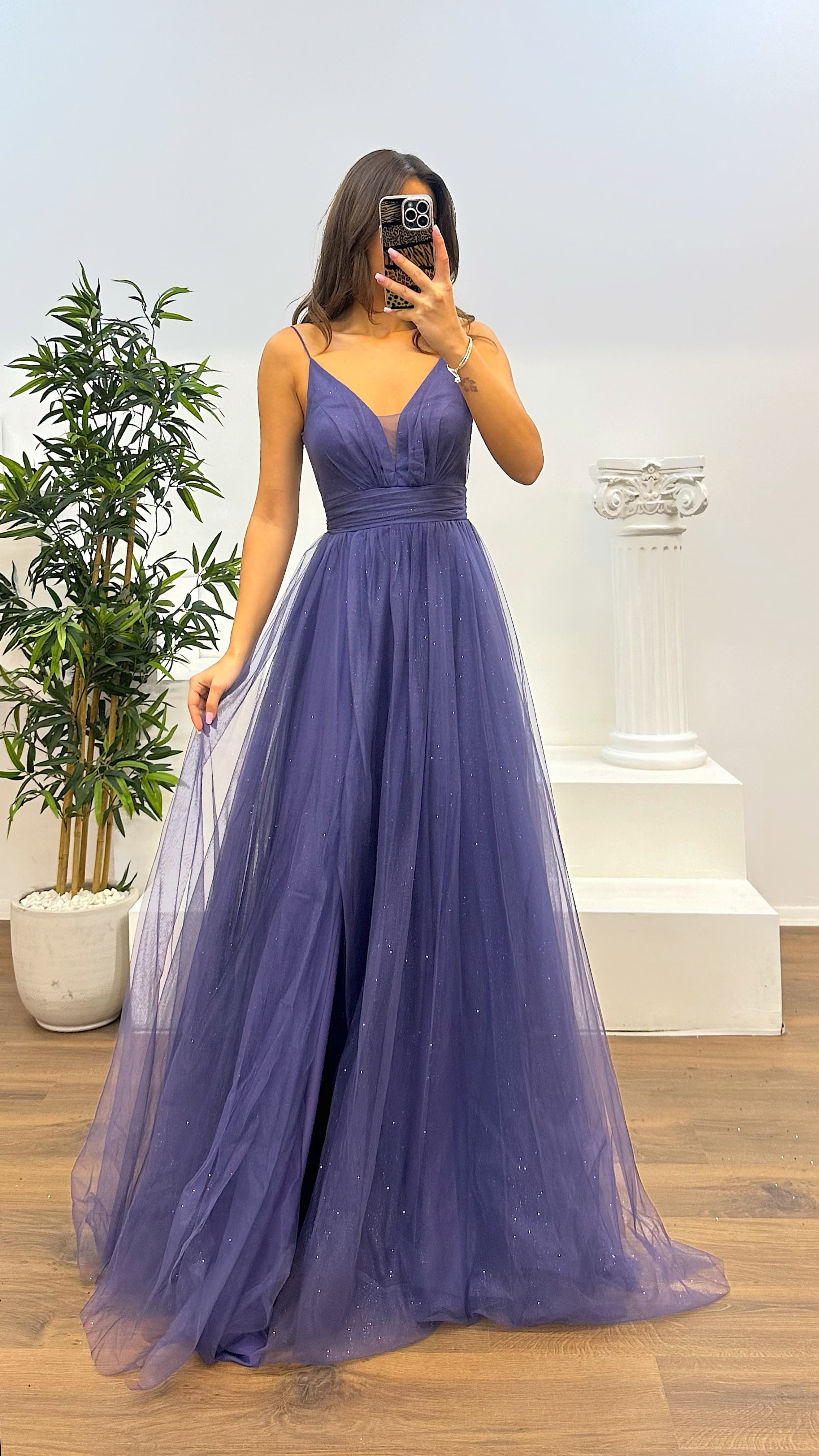 Rope Strap Draped Glittery Tulle Evening Dress