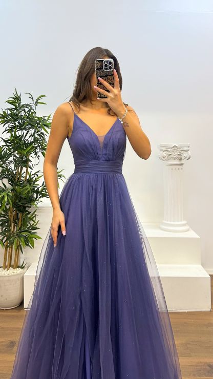 Rope Strap Draped Glittery Tulle Evening Dress