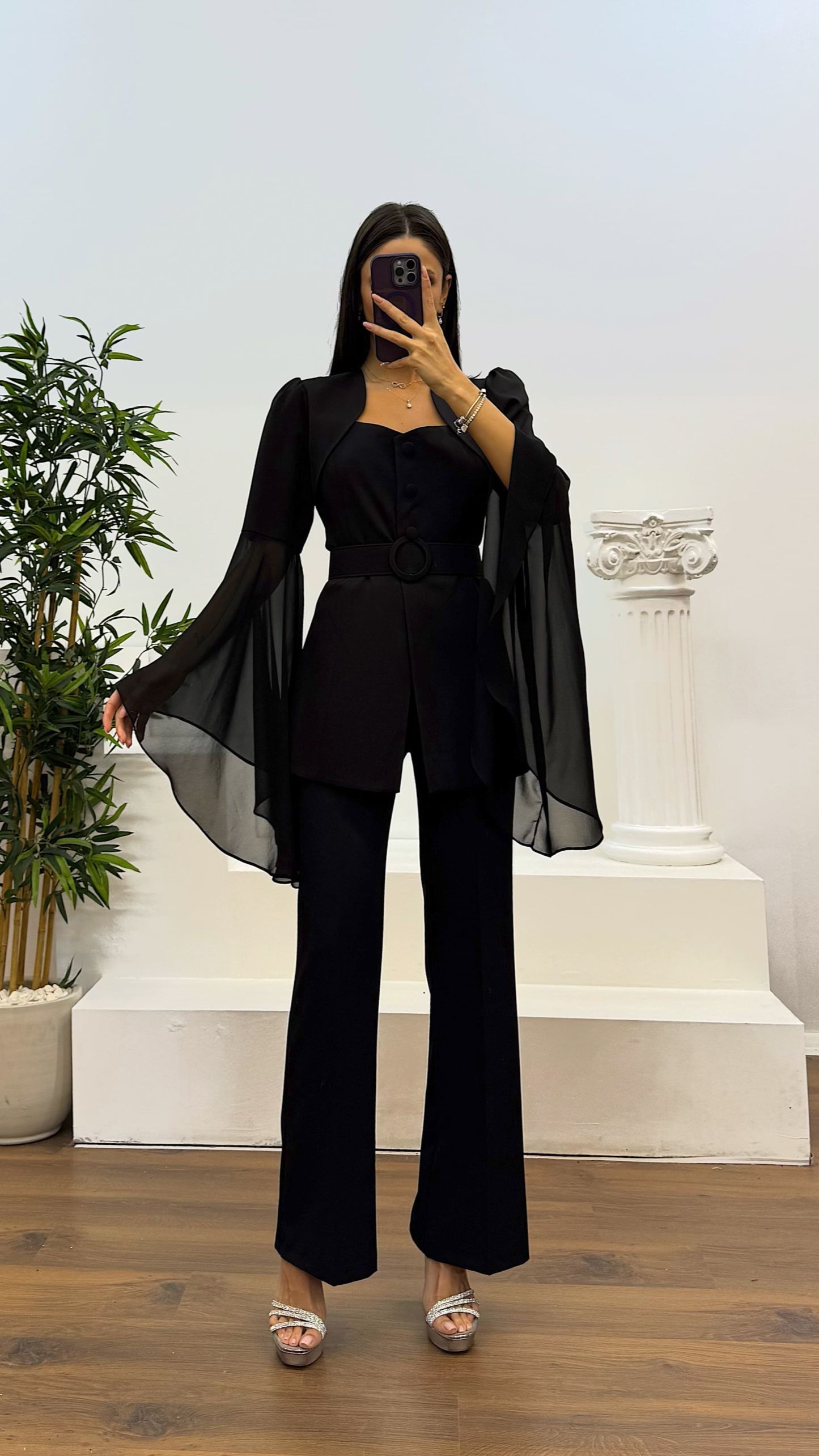 Sleeve Chiffon Detail Evening Dress Set