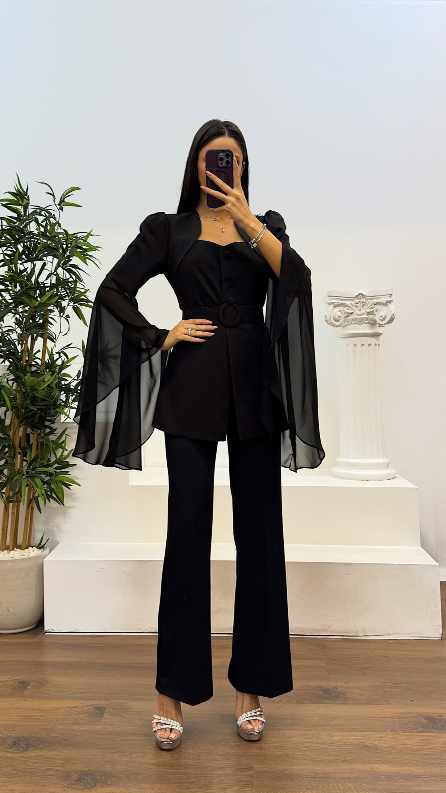 Sleeve Chiffon Detail Evening Dress Set