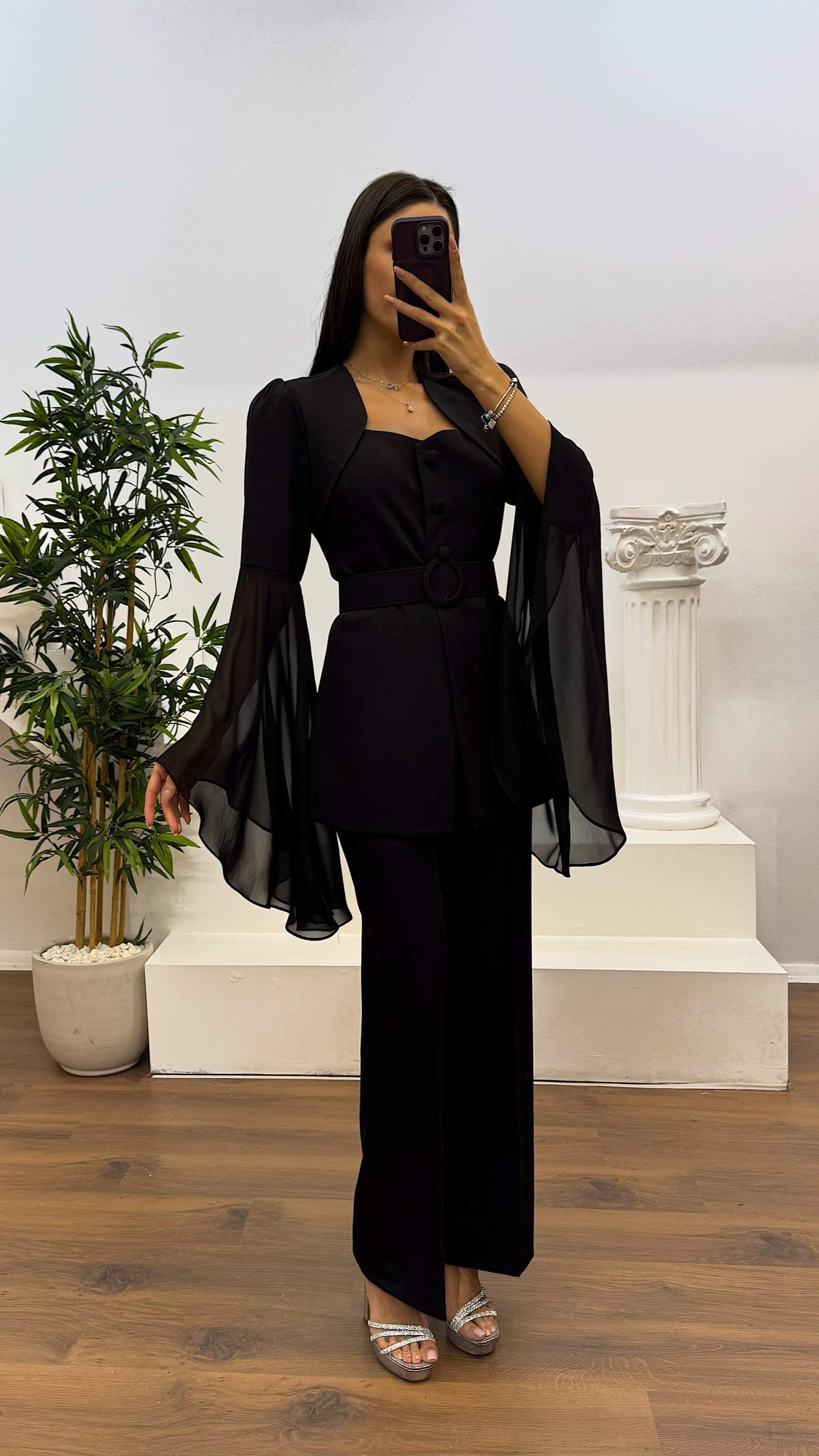 Sleeve Chiffon Detail Evening Dress Set