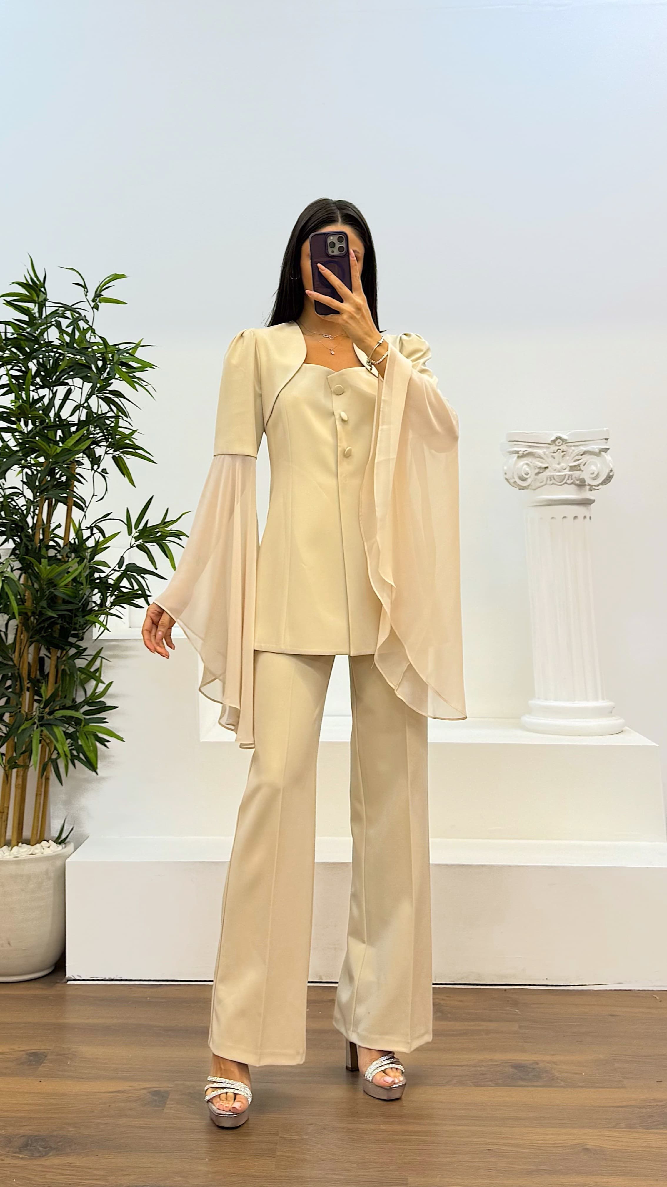 Sleeve Chiffon Detail Evening Dress Set