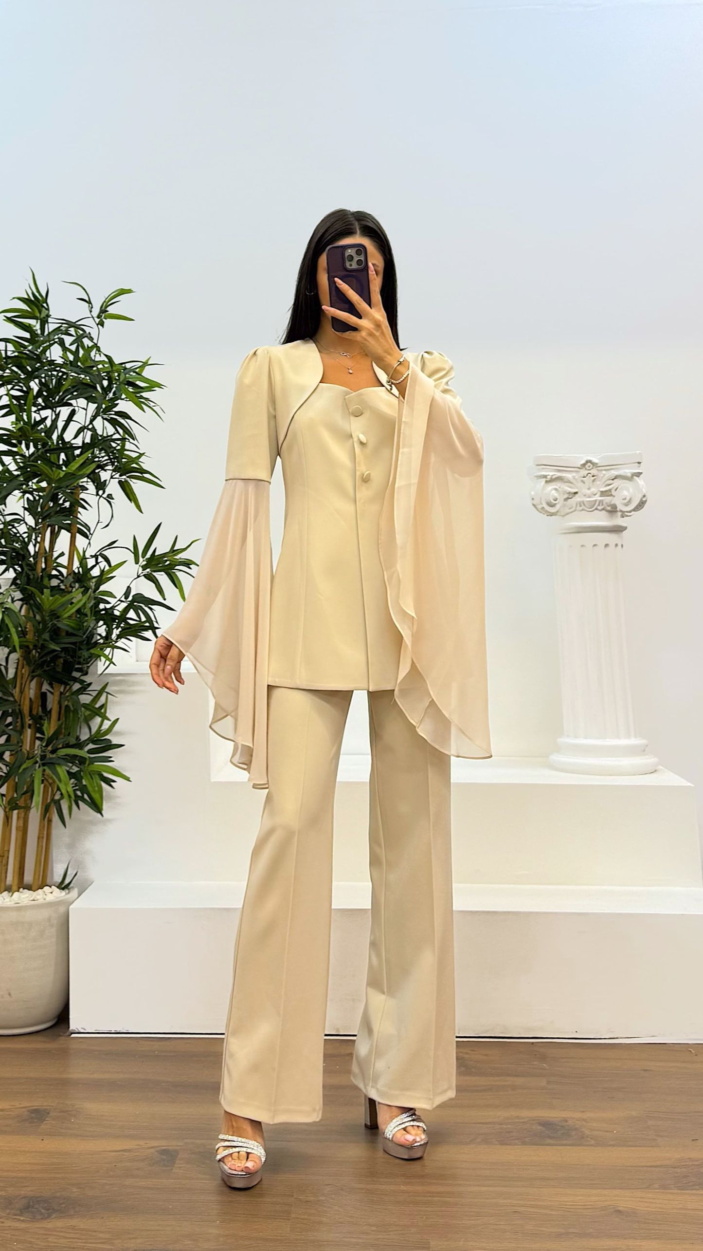 Sleeve Chiffon Detail Evening Dress Set