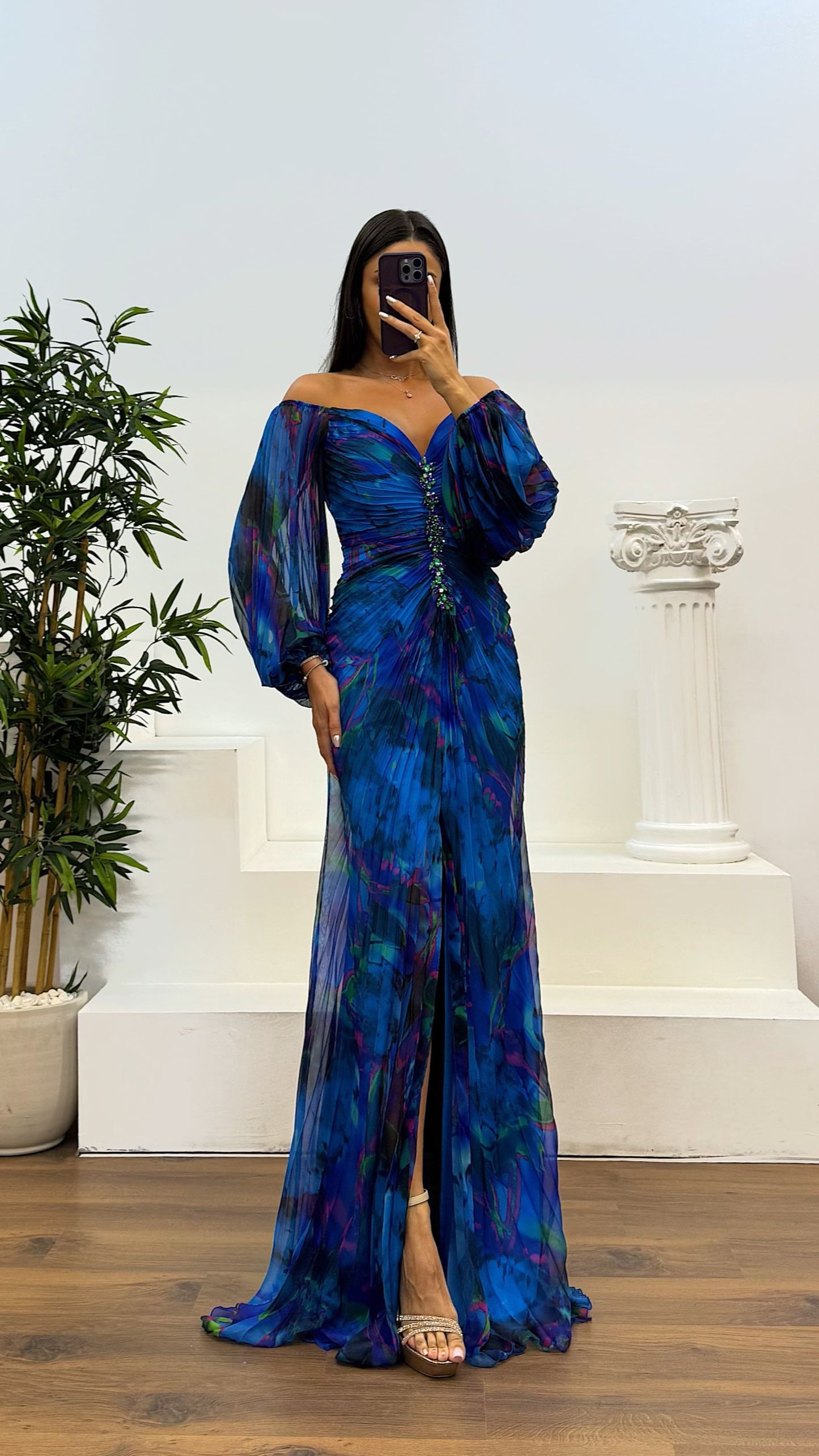Sunset Serenade Printed Off Shoulder Diamond Embellished Pleated Slit 
