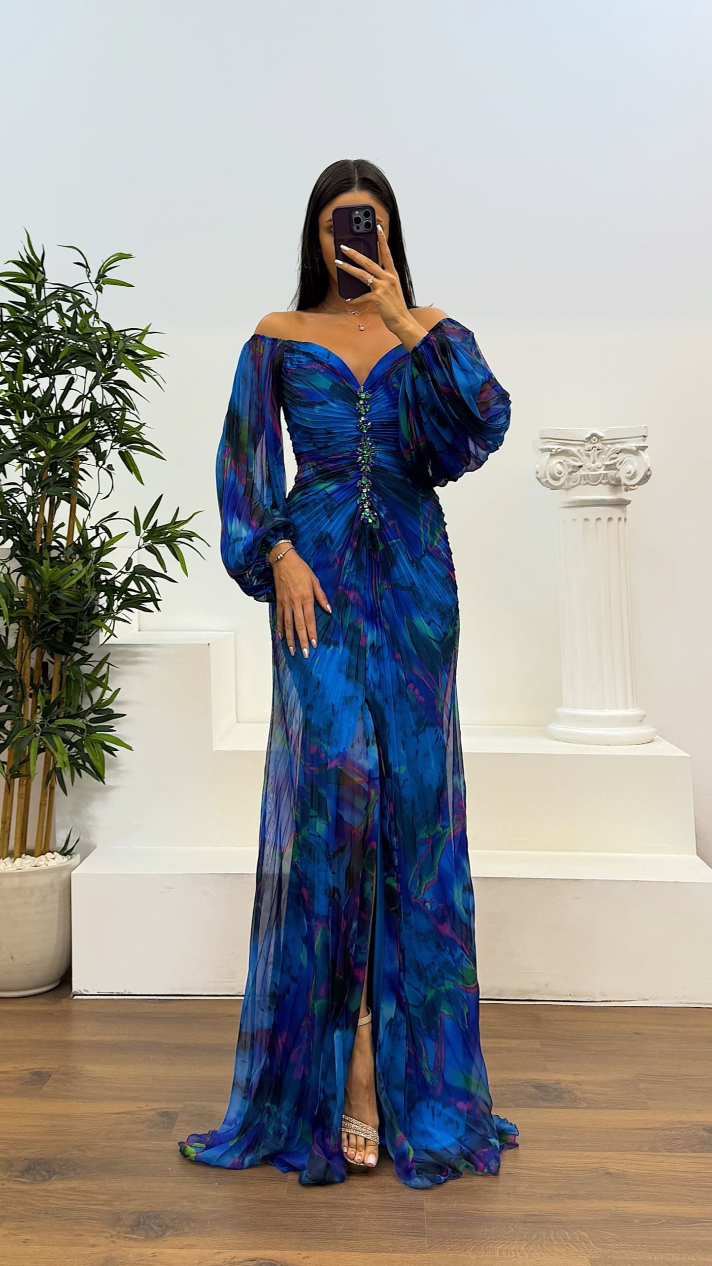 Balloon Sleeve Brooch Detail Evening Dress