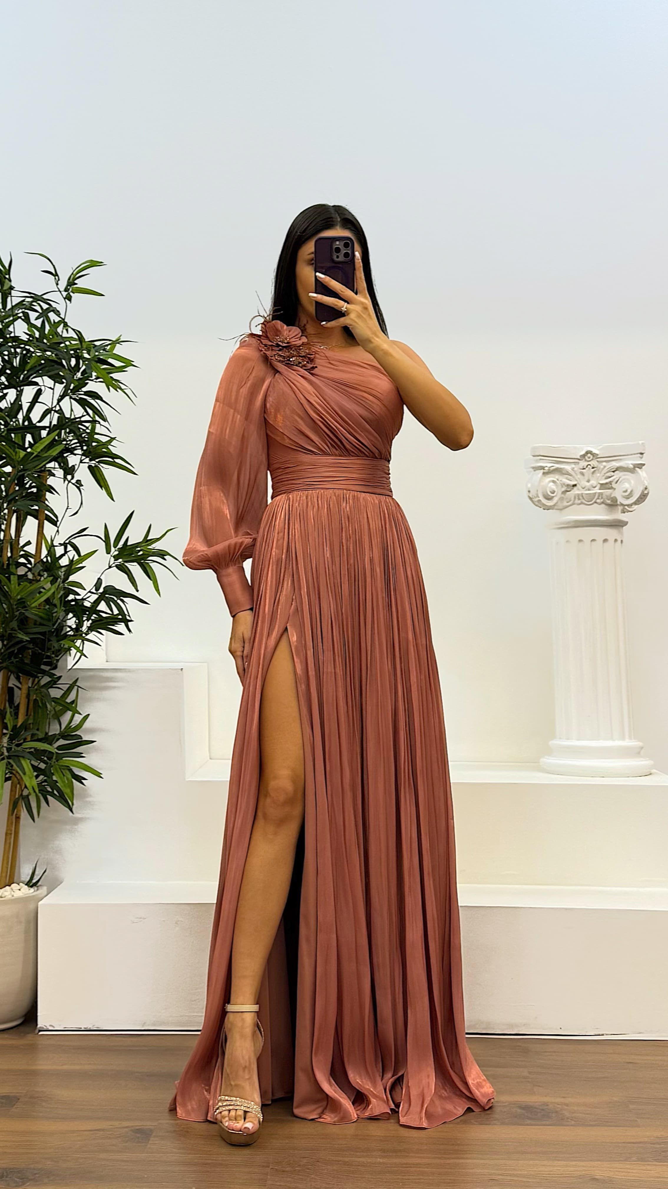 Single Sleeve Pleated Evening Dress
