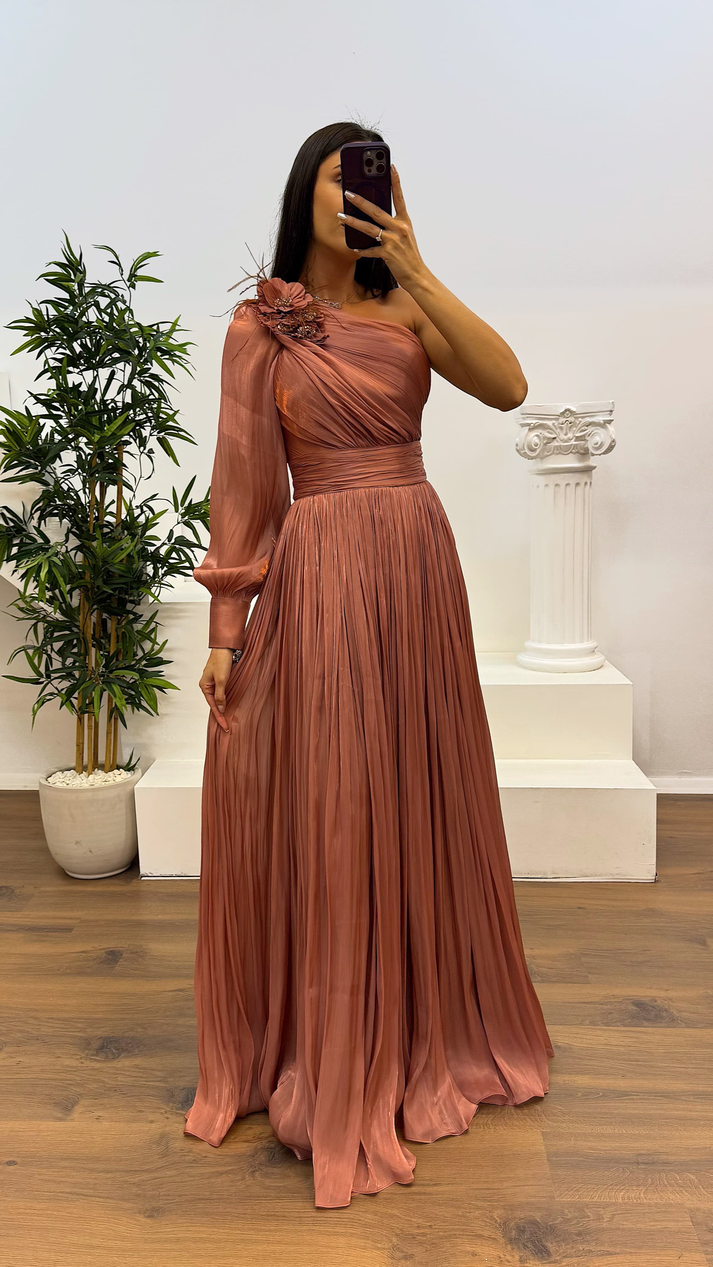 Single Sleeve Pleated Evening Dress