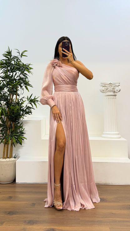 Single Sleeve Pleated Evening Dress