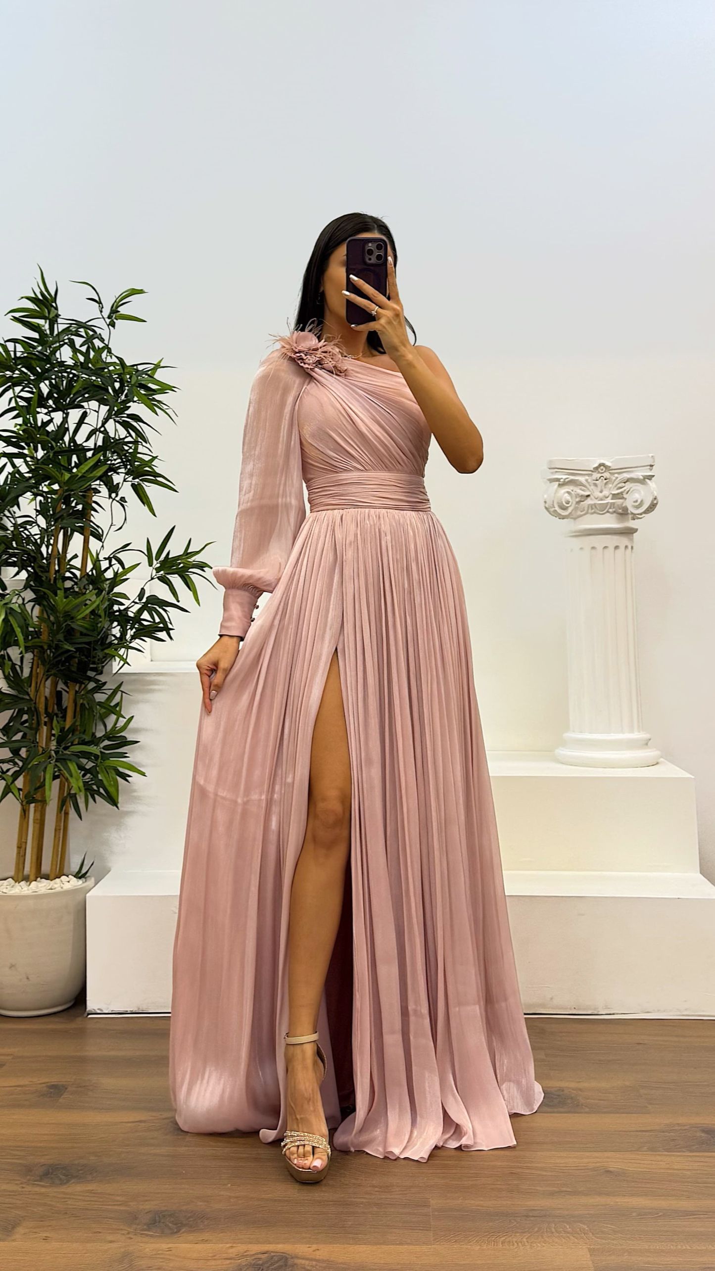 Single Sleeve Pleated Evening Dress