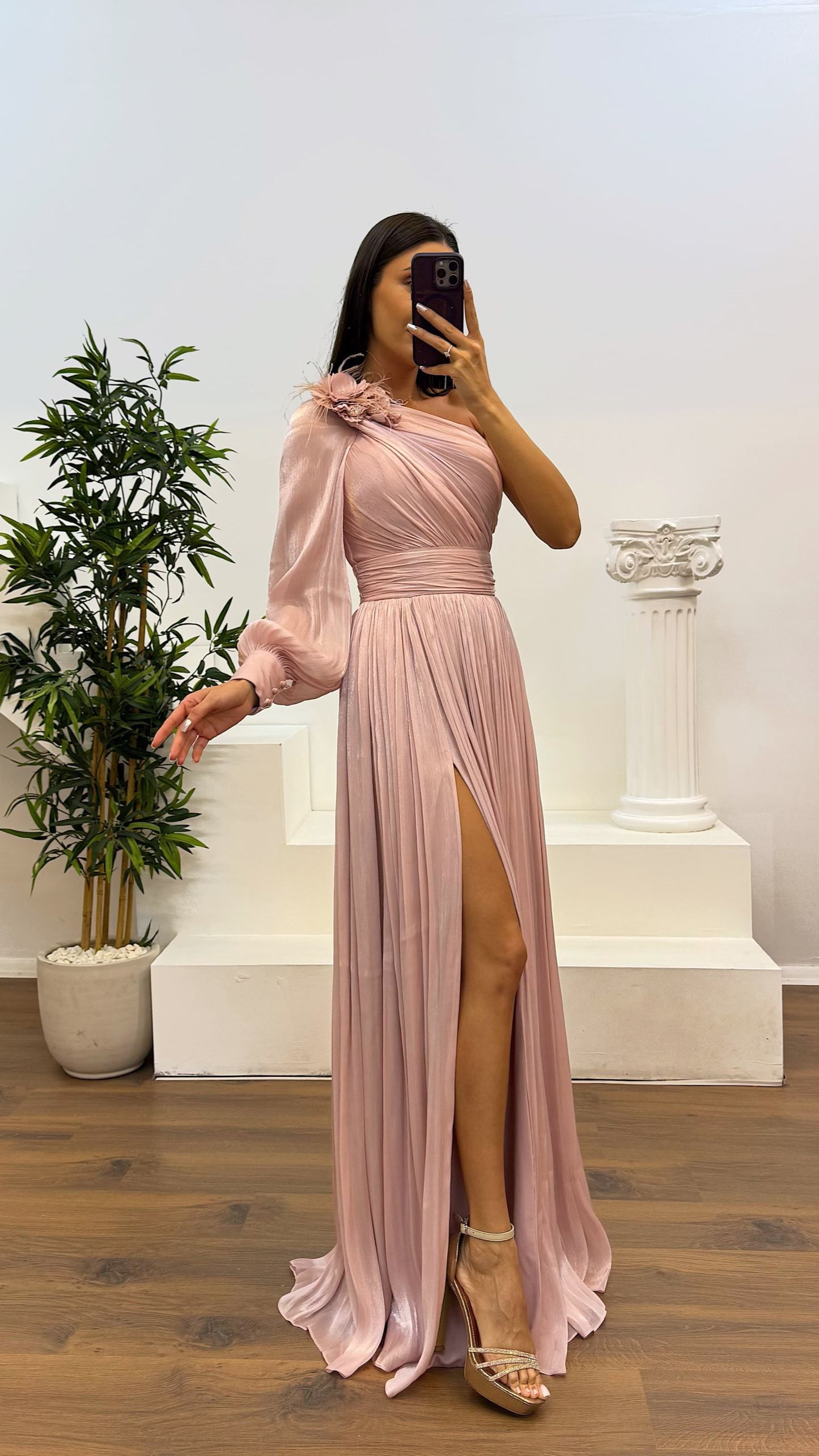 Single Sleeve Pleated Evening Dress