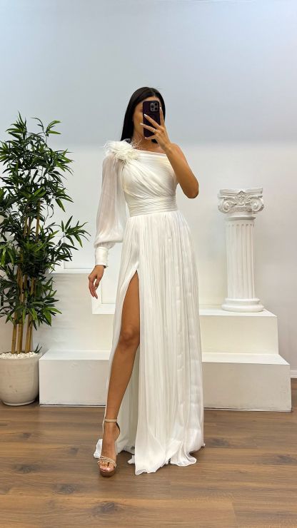 Single Sleeve Pleated Evening Dress