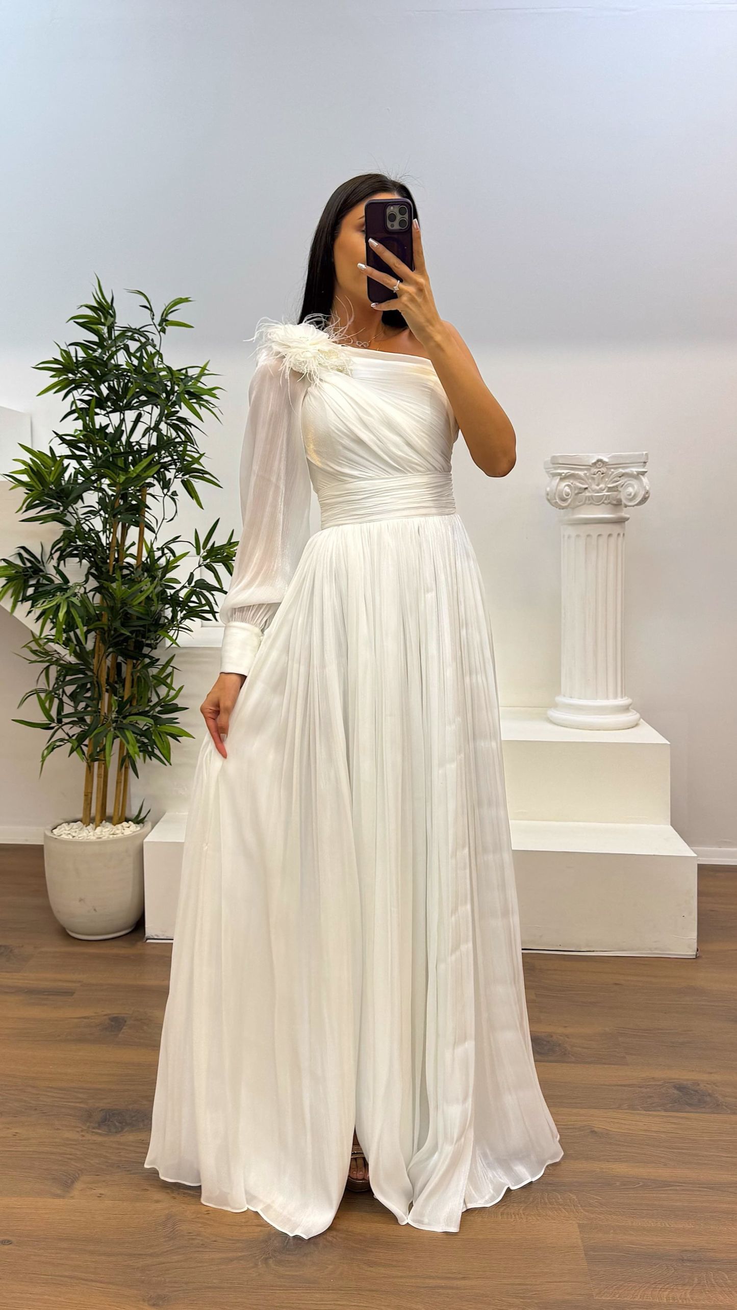 Single Sleeve Pleated Evening Dress