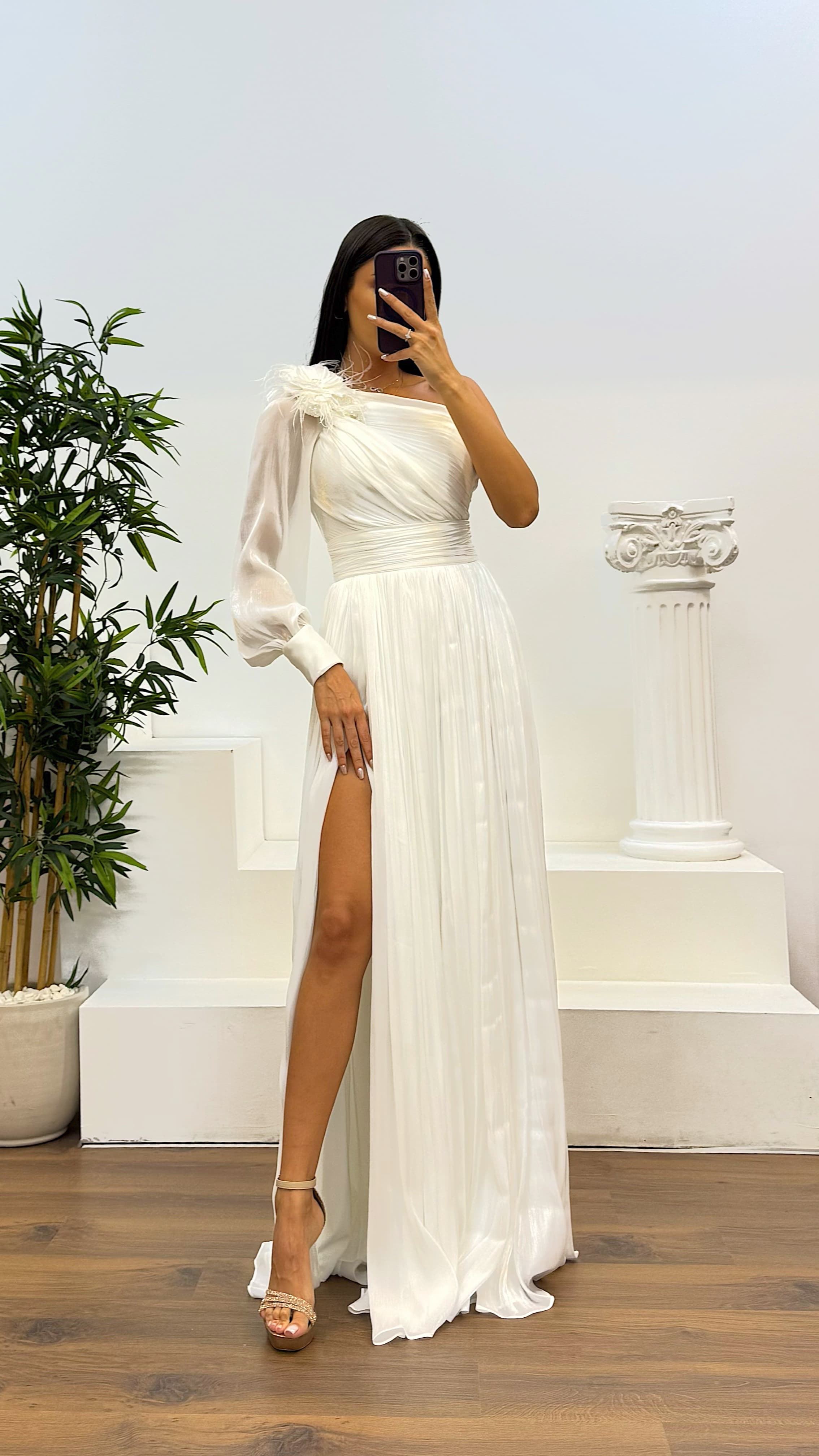 Single Sleeve Pleated Evening Dress