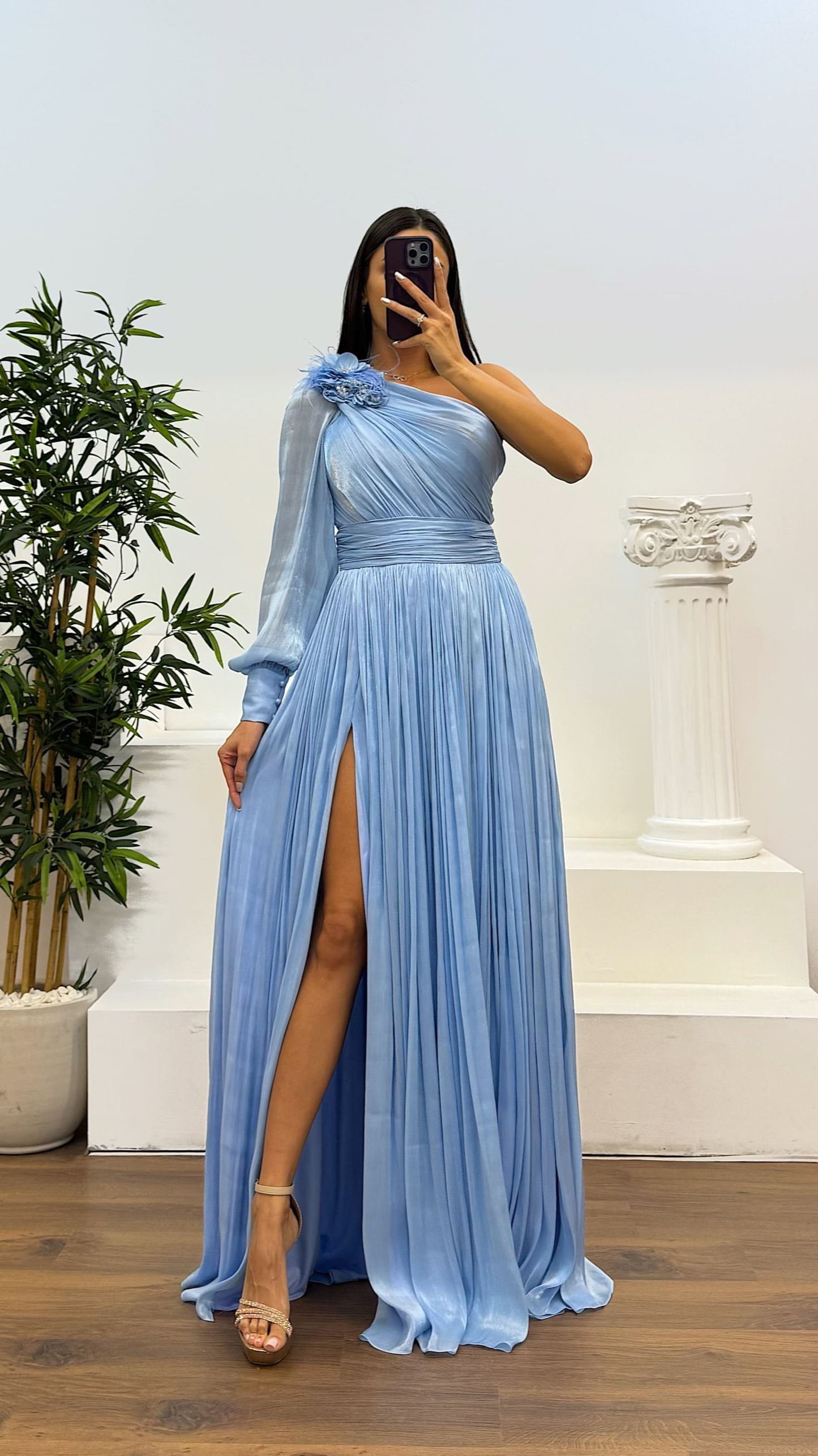 Single Sleeve Pleated Evening Dress