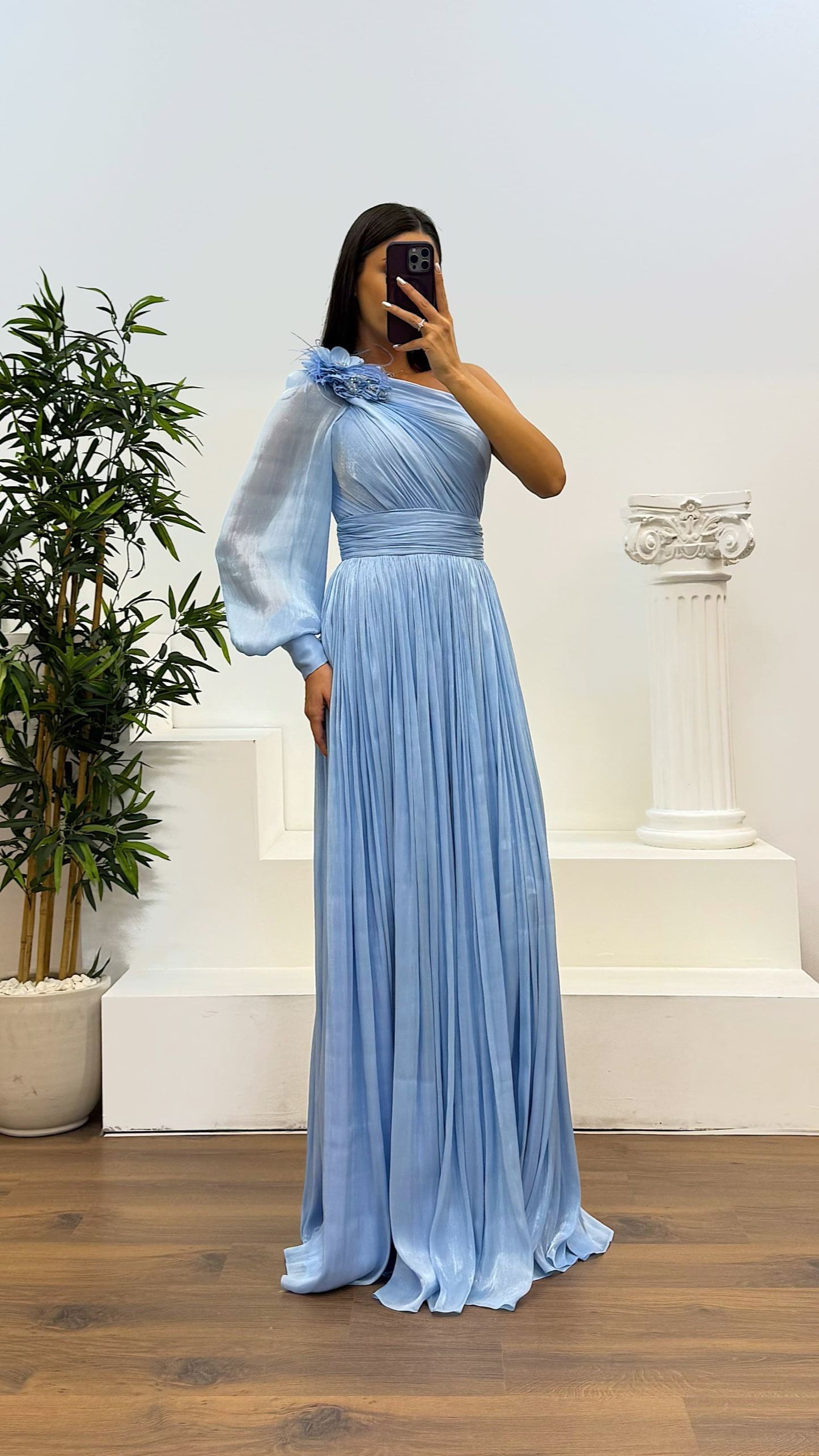 Single Sleeve Pleated Evening Dress