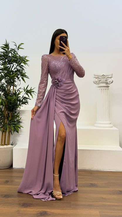 Round Neck Embroidery Detail Evening Dress