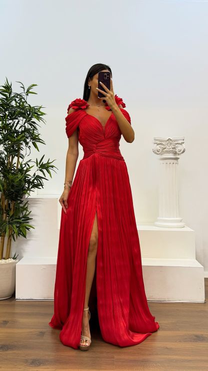 Strap Pleated Evening Dress