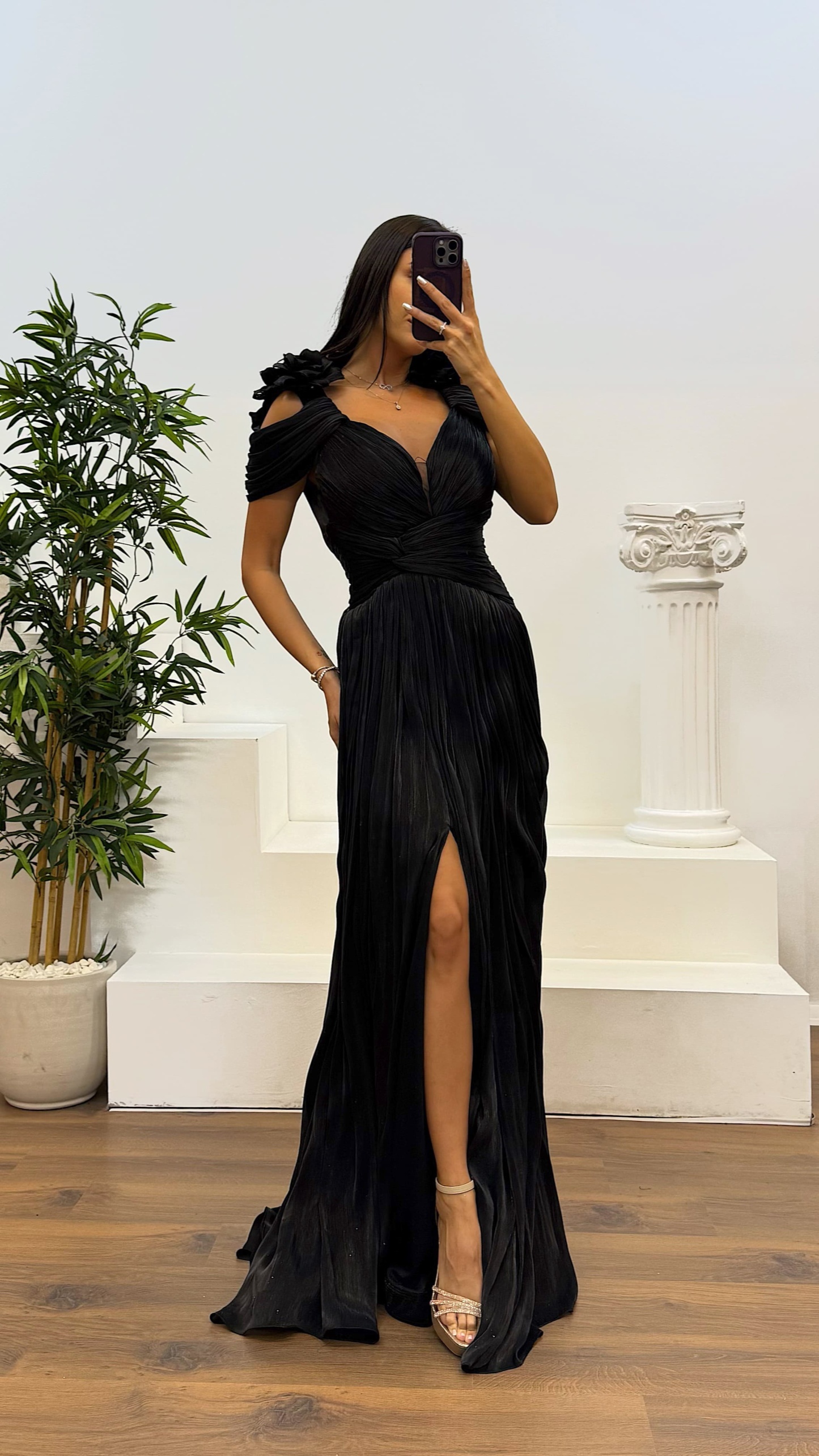 Strap Pleated Evening Dress