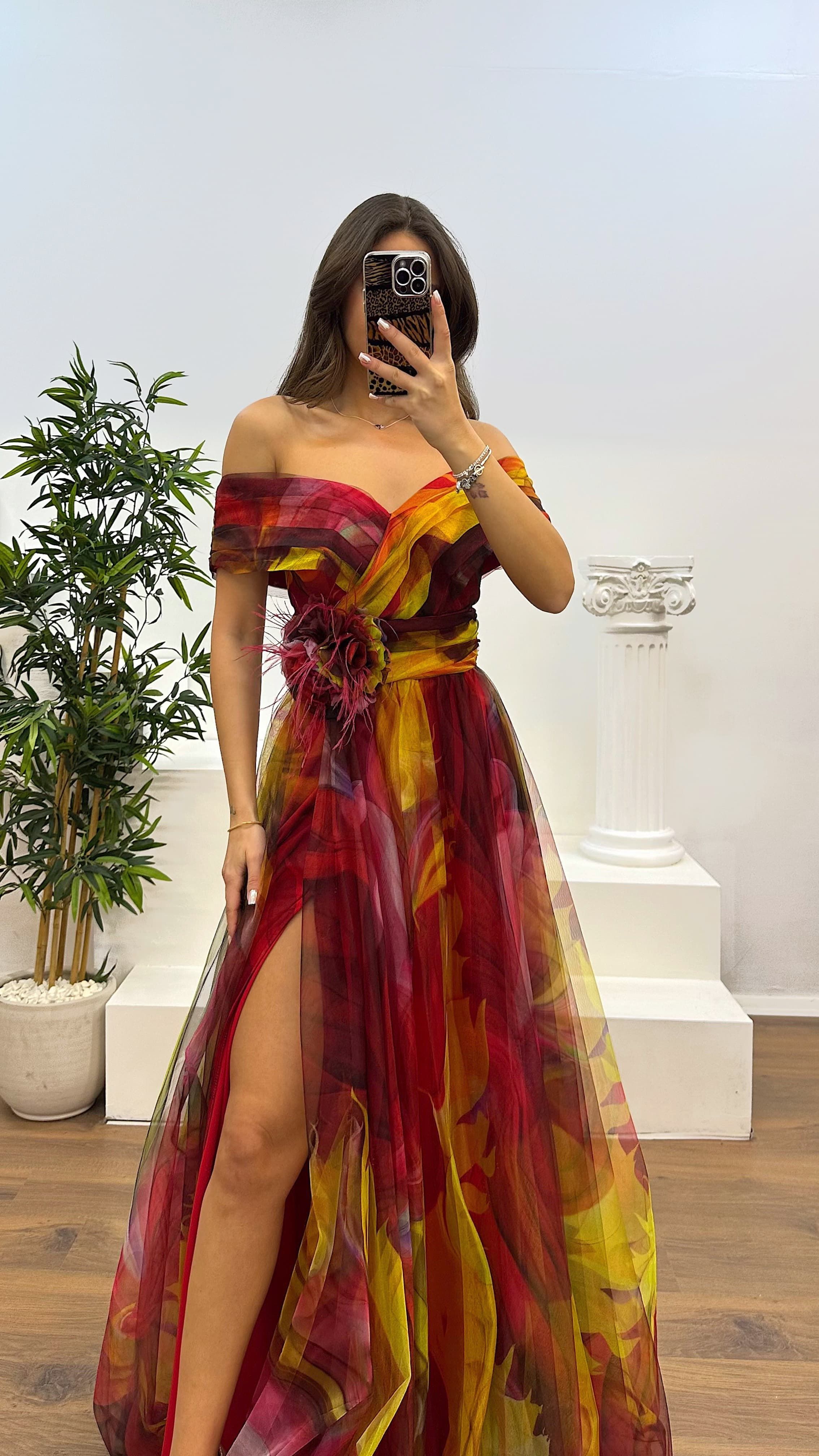 Madonna Neck Patterned Tulle Evening Dress