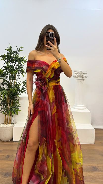 Madonna Neck Patterned Tulle Evening Dress