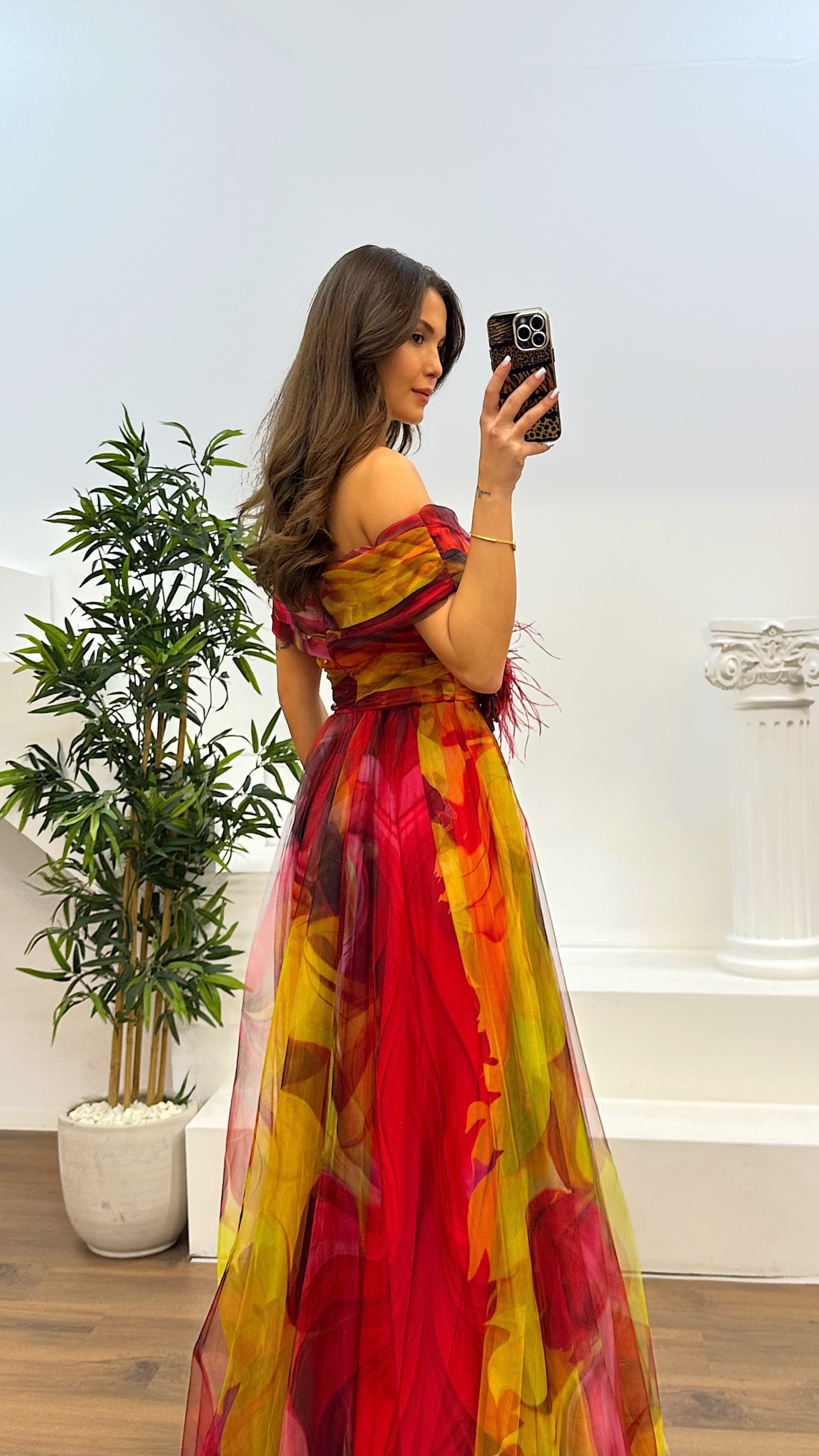 Madonna Neck Patterned Tulle Evening Dress