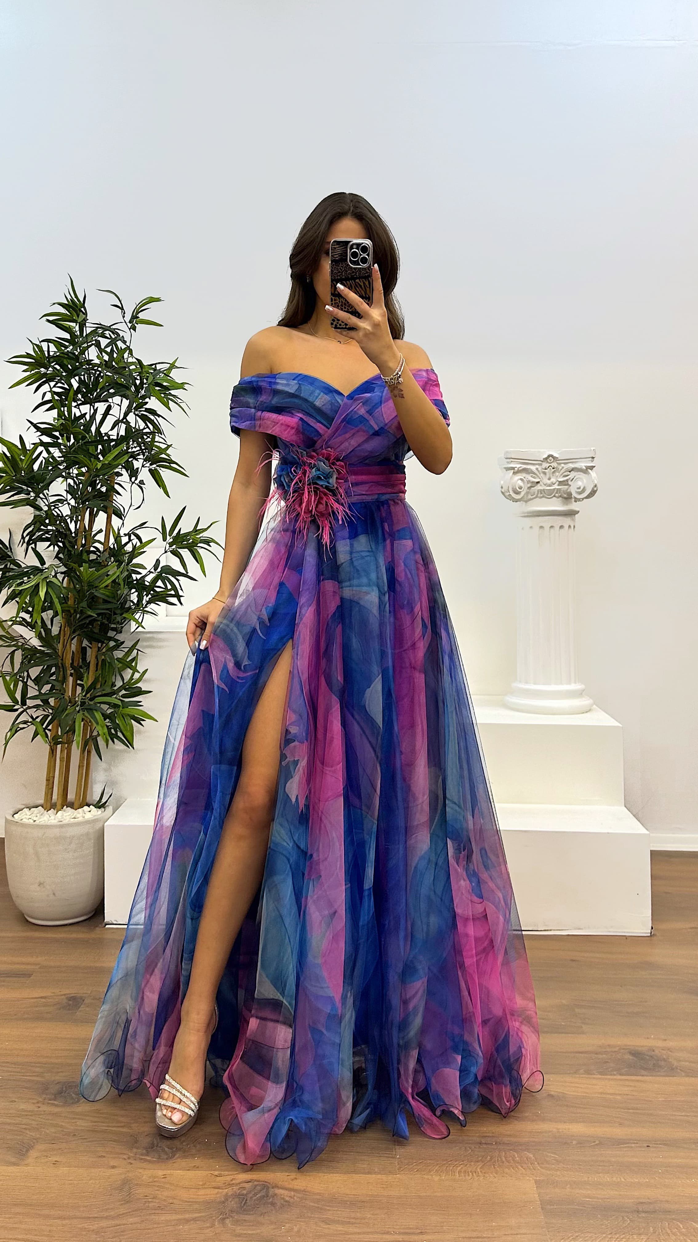 Madonna Neck Patterned Tulle Evening Dress