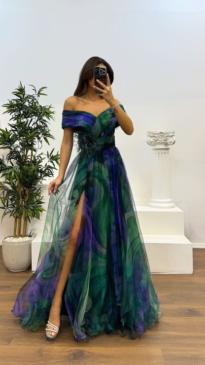 Madonna Neck Patterned Tulle Evening Dress