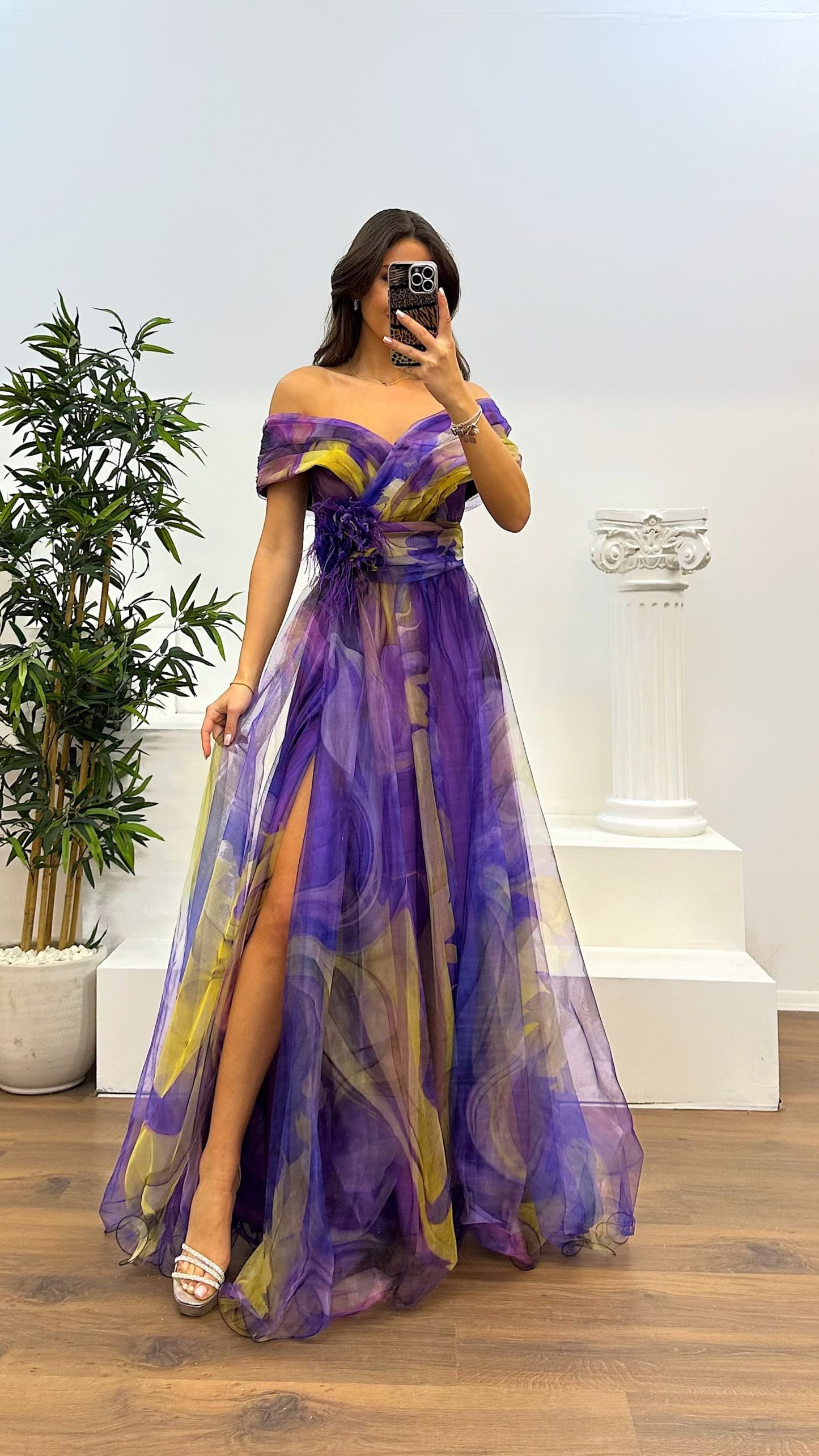 Madonna Neck Patterned Tulle Evening Dress