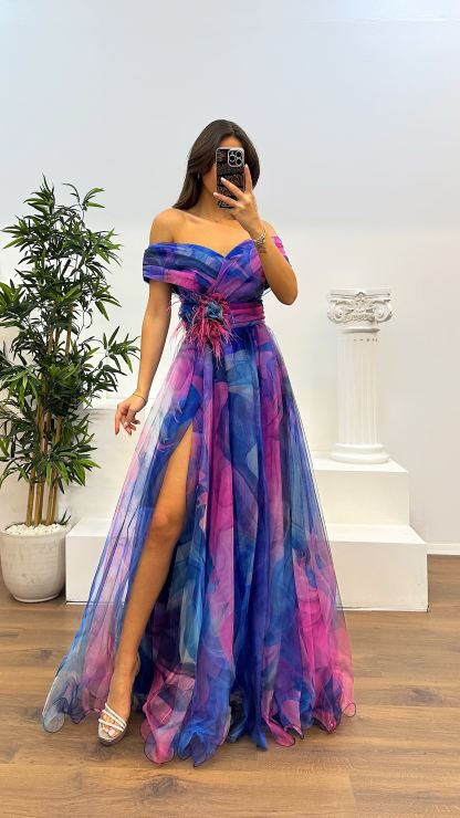 Madonna Neck Patterned Tulle Evening Dress