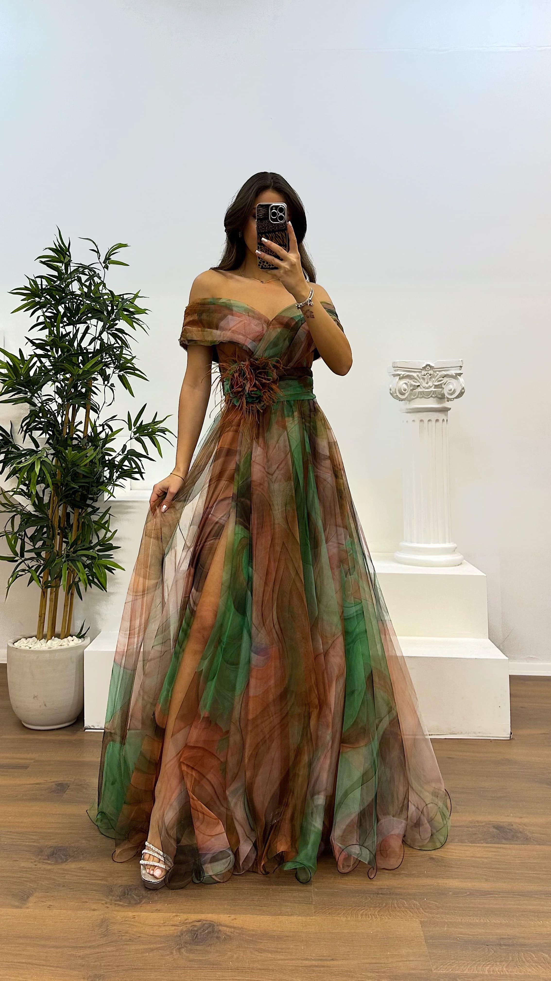 Madonna Neck Patterned Tulle Evening Dress