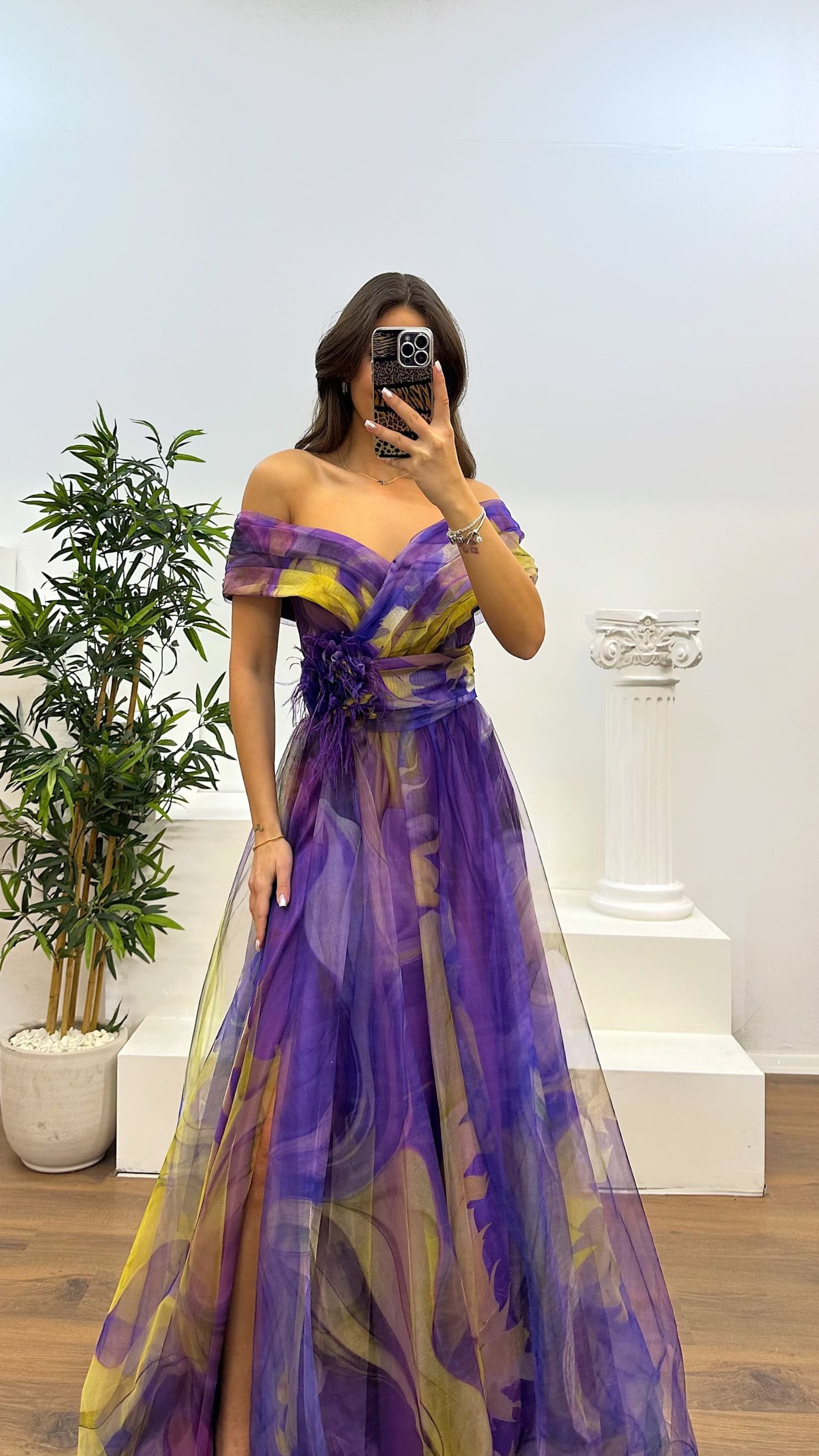 Madonna Neck Patterned Tulle Evening Dress