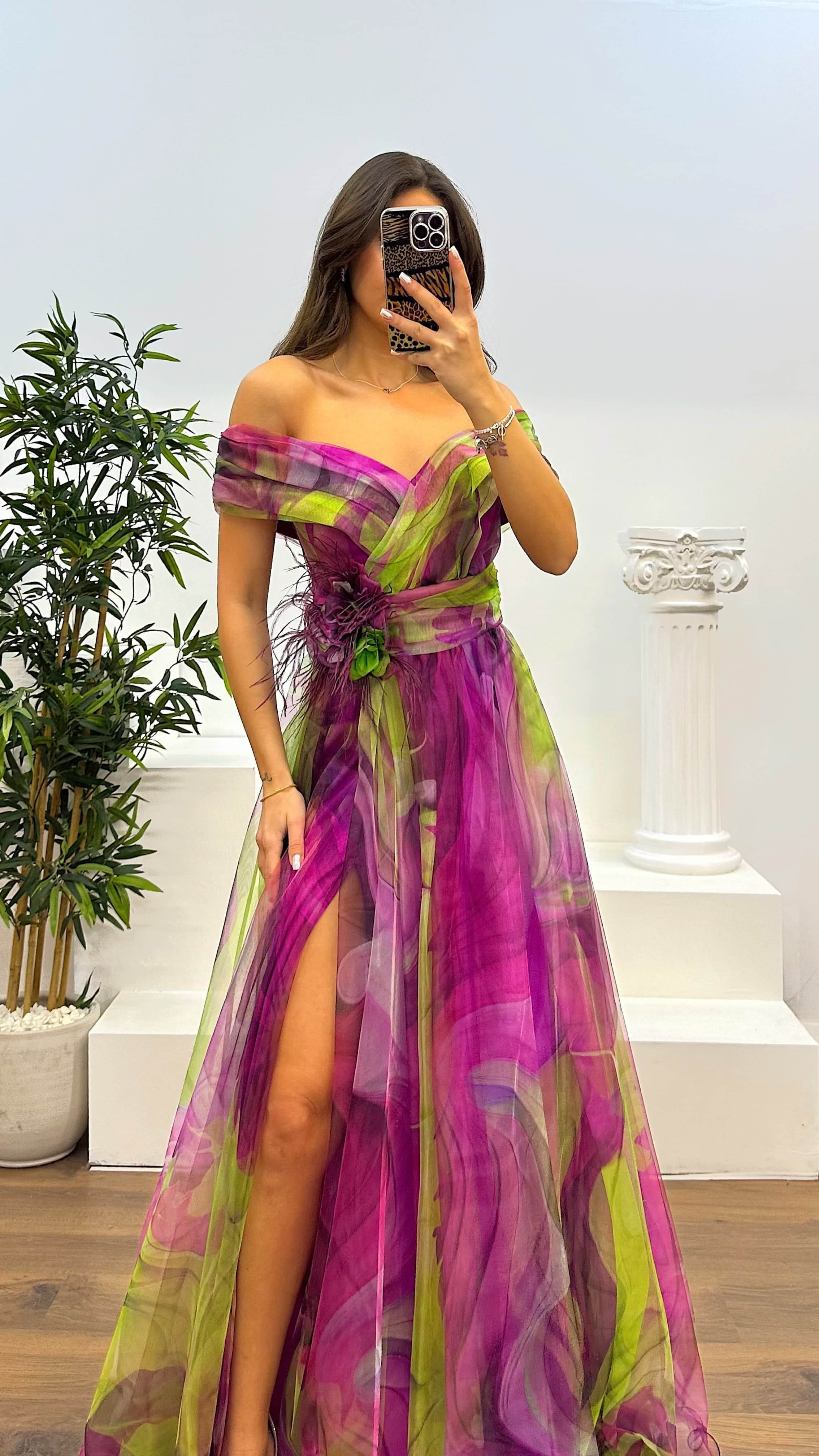 Madonna Neck Patterned Tulle Evening Dress