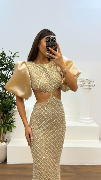 Gold Balloon Sleeve Waist Detail Evening Dress