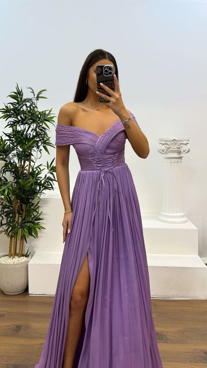 Madonna Neck Pleated Evening Dress