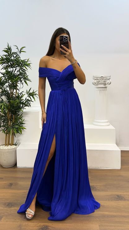 Madonna Neck Pleated Evening Dress